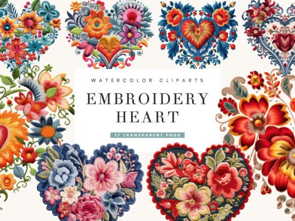 Embroidery Heart Clipart Bundle