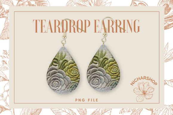 Succulent Embroidery Teardrop Earring